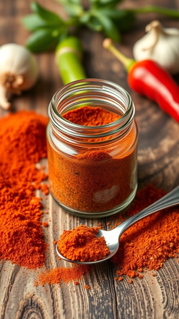 A jar of homemade chili seasoning blend with spices on a wooden table.